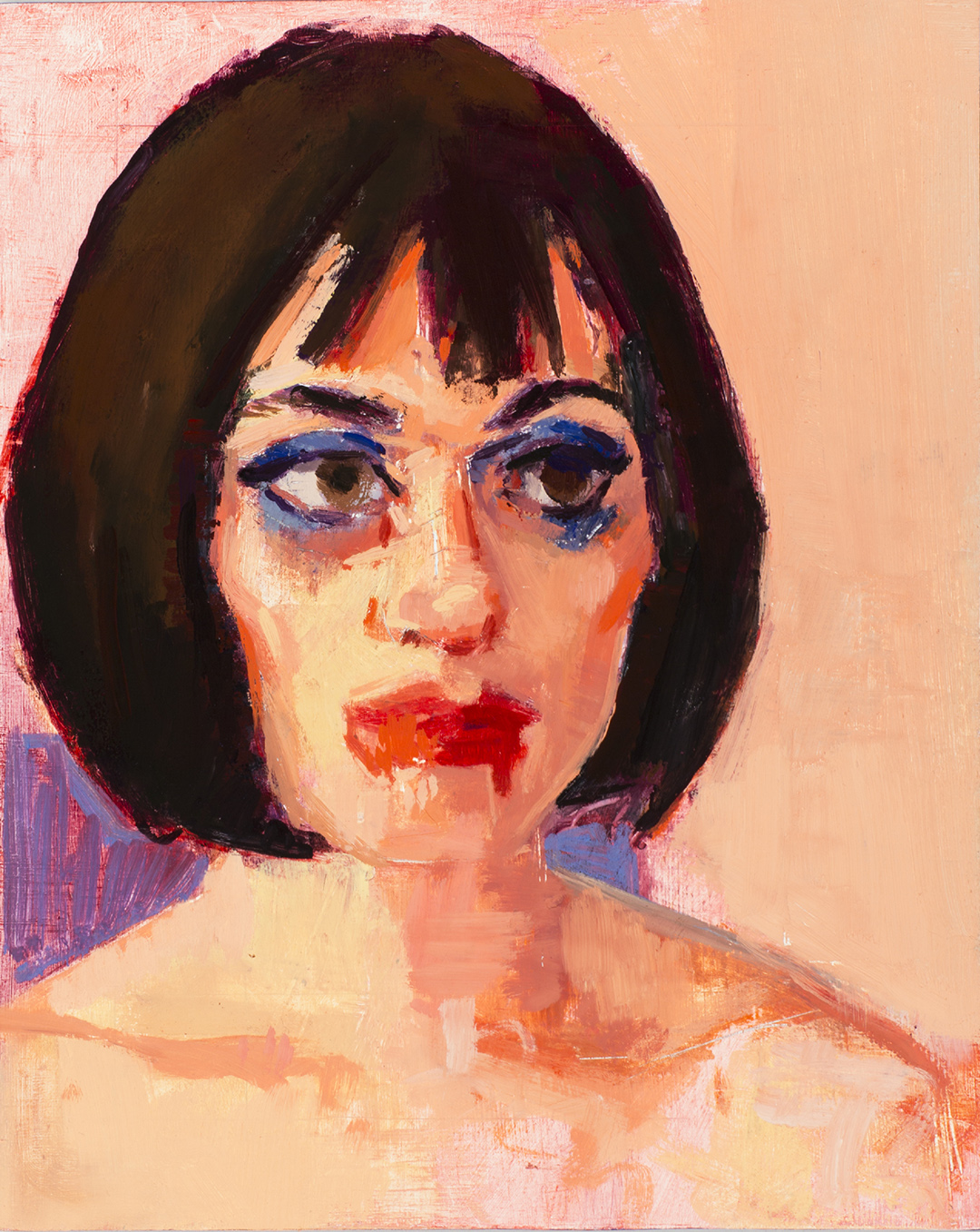 Painting of a figure's face and shoulders in three-quarter view. Painting created with broad brush strokes. Figure has brown chin-length hair, bright red lips, and brown eyes outlined by dark blue brush strokes.