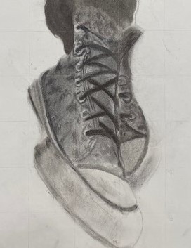 Black and white drawing of feet wearing tennis shoes.