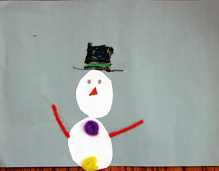 Collage of paper pieces to make a snowman.