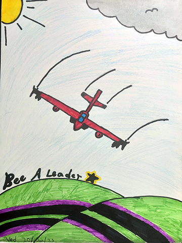 Drawing of an airplane flying over the land.
