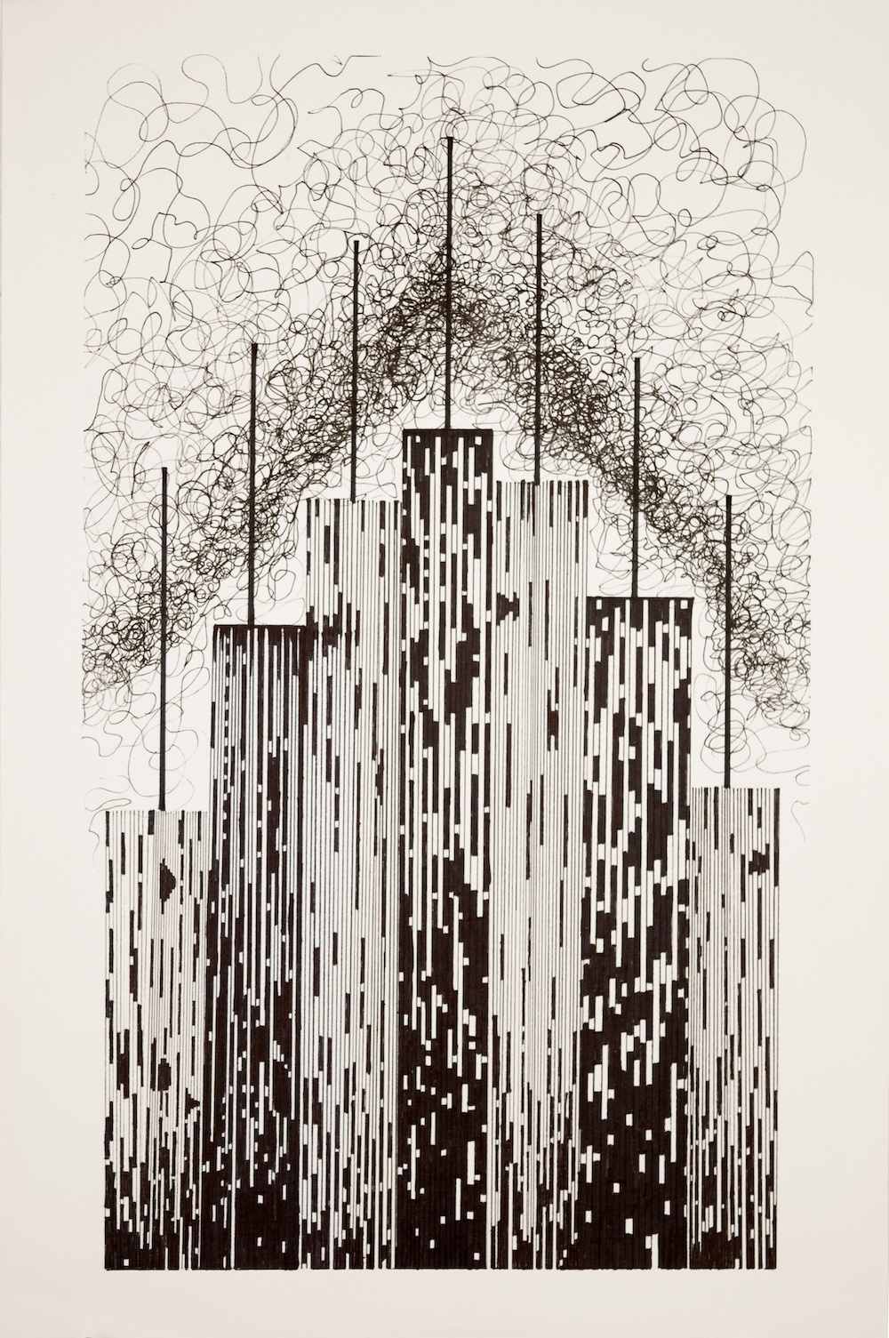 Ink pen drawing of what appears to be a city sky line