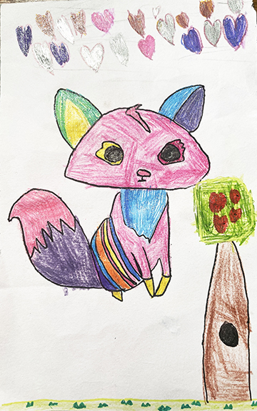 Drawing of a pink fox and a tree.