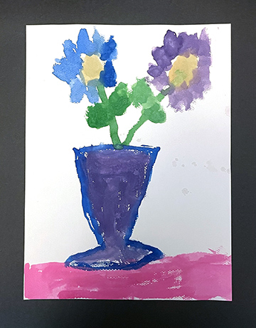 Painting of two flowers in a vase.