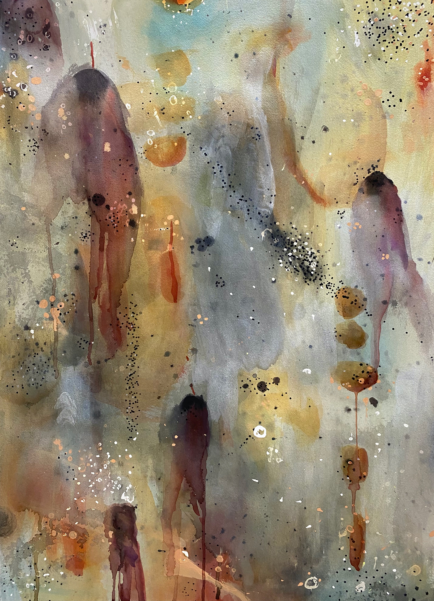 "Abstract rendition of the Poplar Borer’s appearance and exit holes. Light background with orange and black shapes to represent the appearance of Poplar Borers; red dripping areas to mimic the holes they leave as they exit trees."