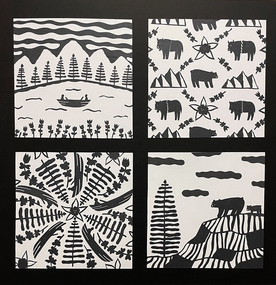 black and white pictures in four squares: top left - people in boat, top right - cows, bottom left - ferns, bottom right - bears