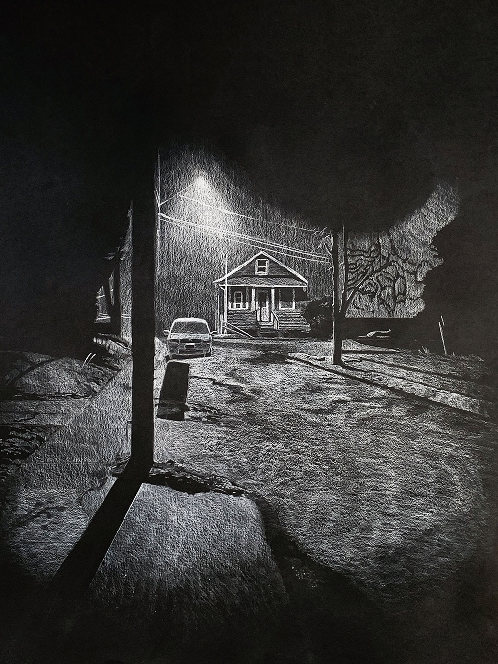 White charcoal drawing of rain coming down on a street with a parked car and a home, the street is being lit up by a street light. 