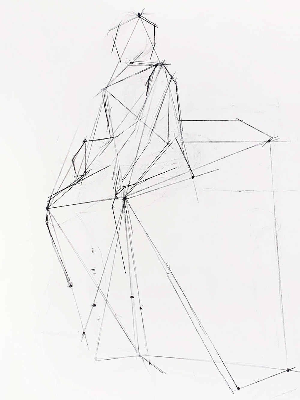 A figurative drawing composed of several lines, outlining the gesture figure of a human, drawn in vine charcoal.