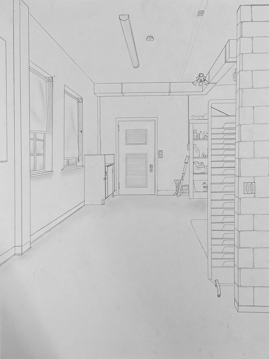 A linear perspective drawing of a classroom on campus.