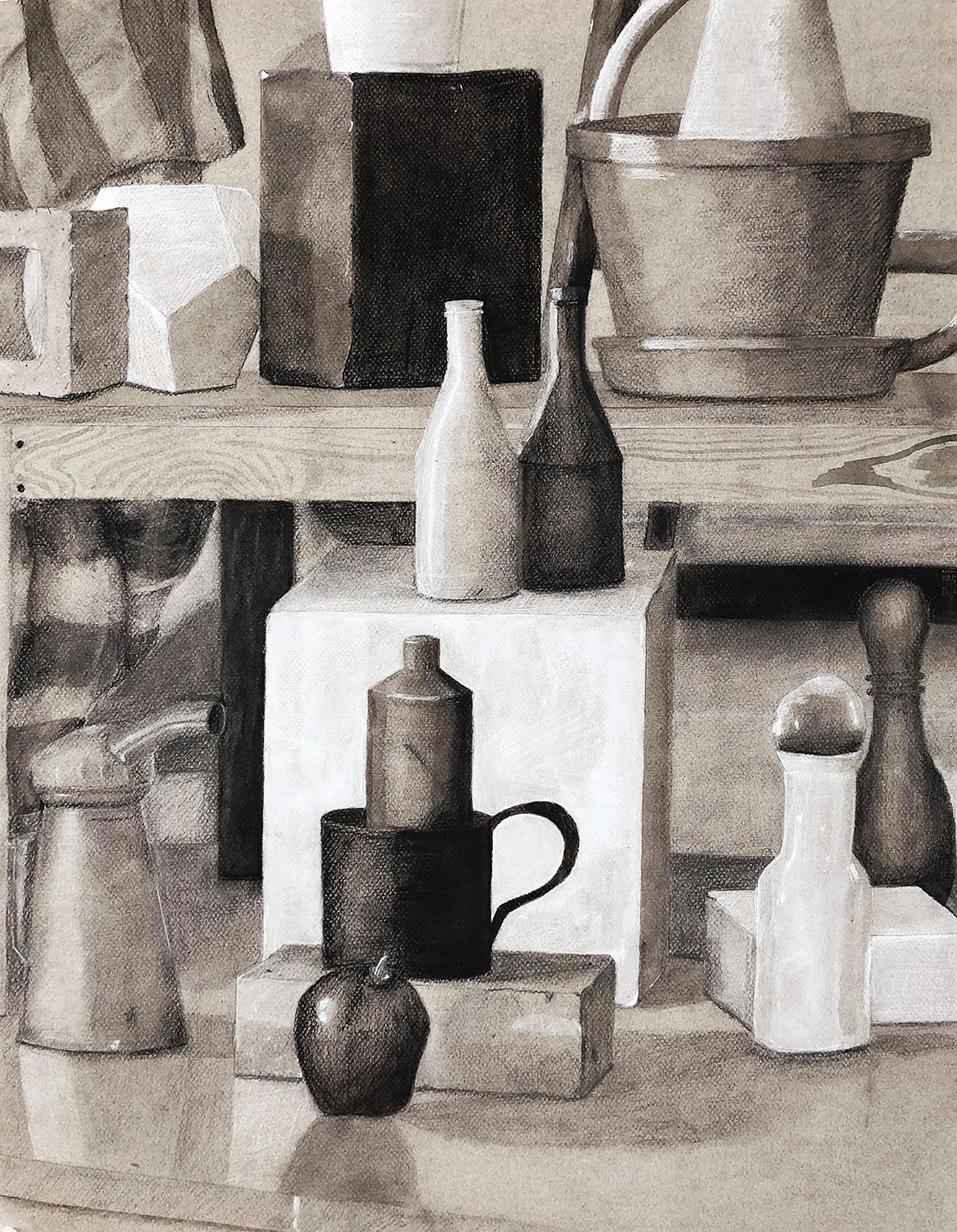 Heightened value drawing of bottles and pots, drawn in white and black charcoal pencils.