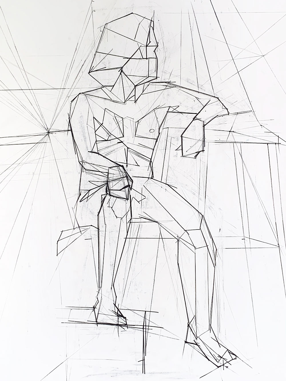 A self portrait composed of several lines, outlining the gesture figure of a human- including angles, proportions, and spatial relationships, drawn in vine charcoal.
