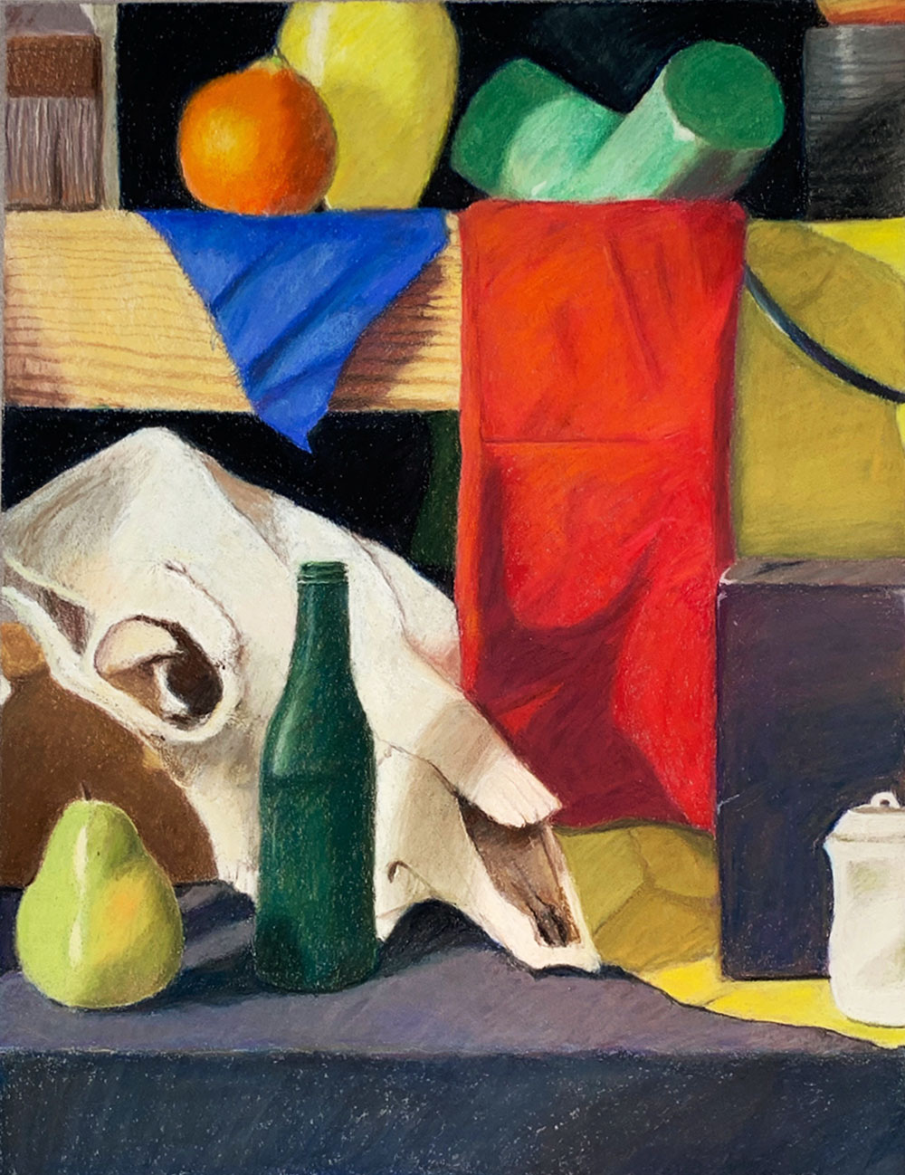 Colorful pastel still life drawing of: a skull, pear, orange, and a green glass bottle,