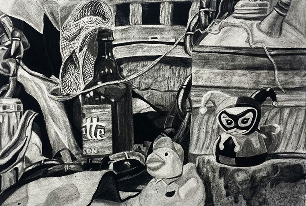 Charcoal drawing of still life includes: bottles, toys, and wires.