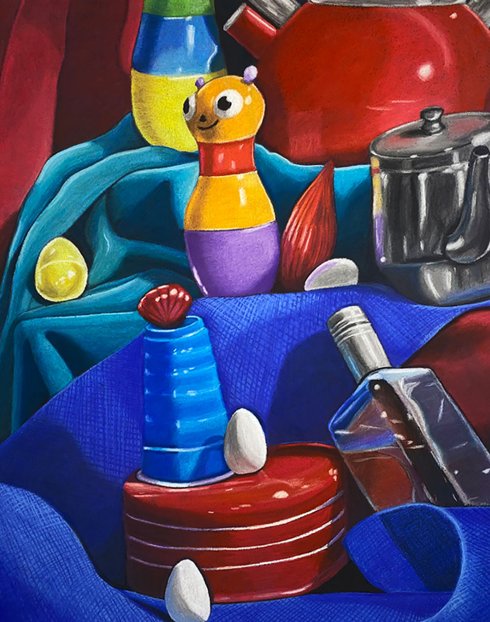Colorful pastel still life drawing of: a toy, a pot, a plastic blue cup, and three white eggs.