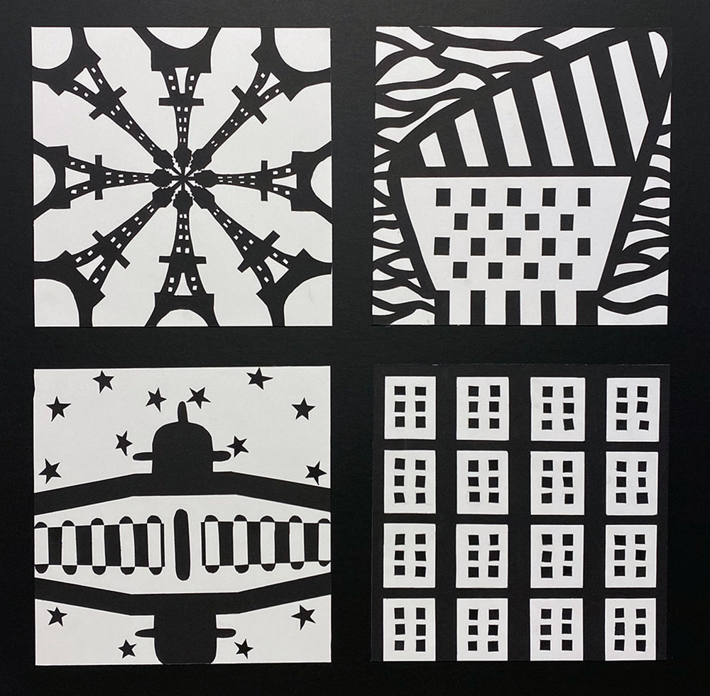 black and white pictures in four squares: top left - Eifel Tower, building with windows, space ship and stars, rectangles with squares