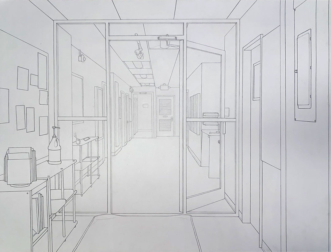 A linear perspective drawing of the art department office in Freeman Hall.