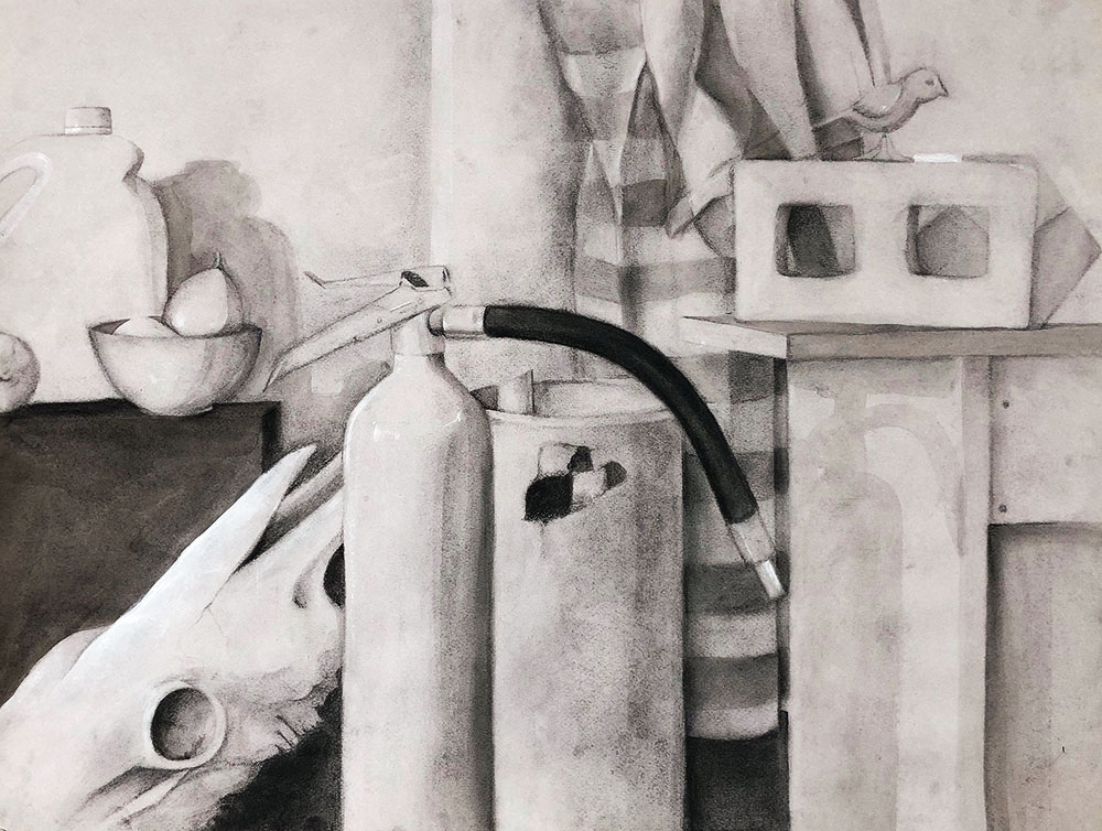 Heightened value drawing of a fire extinguisher, a brick, and a skull, drawn in white and black charcoal pencils.