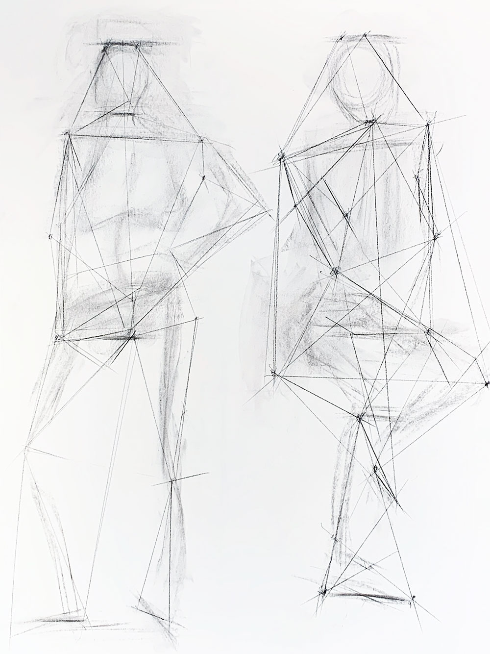 A figurative drawing composed of several lines, outlining the gesture figure of a human, drawn in vine charcoal.