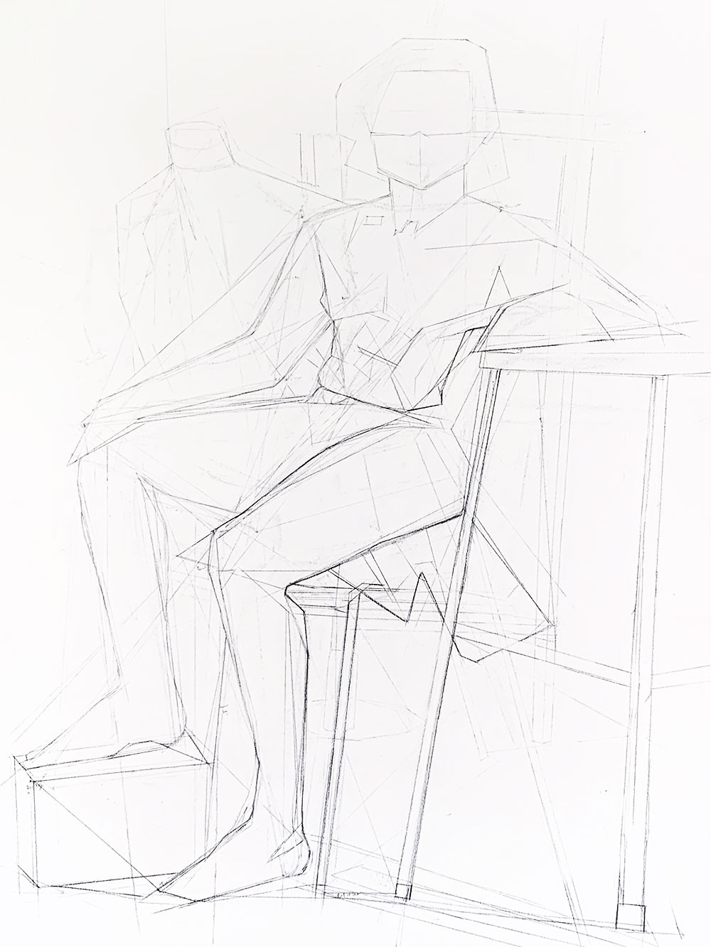 A self portrait composed of several lines, outlining the gesture figure of a human- including angles, proportions, and spatial relationships, drawn in vine charcoal.