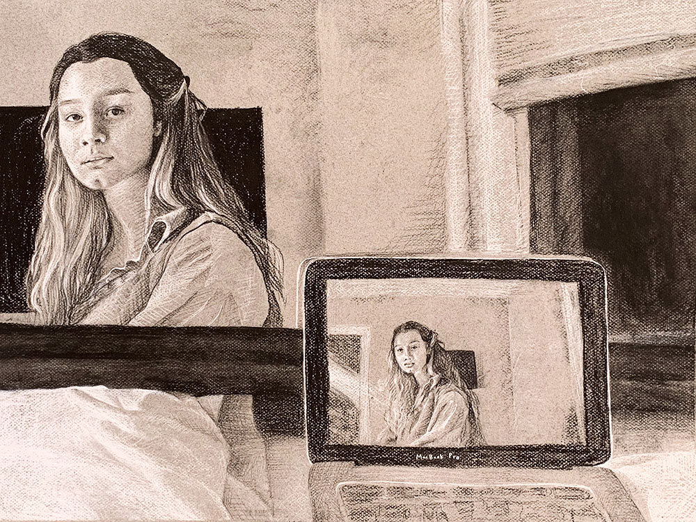 A woman looking into what appears to be a mirror is drawn using the heightened value technique- applying light and dark material to a gray toned surface. 