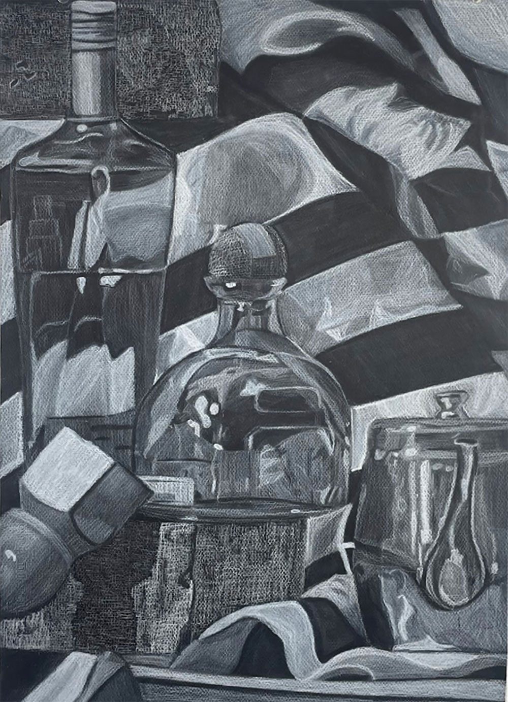 White charcoal drawing of a still life includes: a tequila bottle, a glass, and the bottom foot of a table.