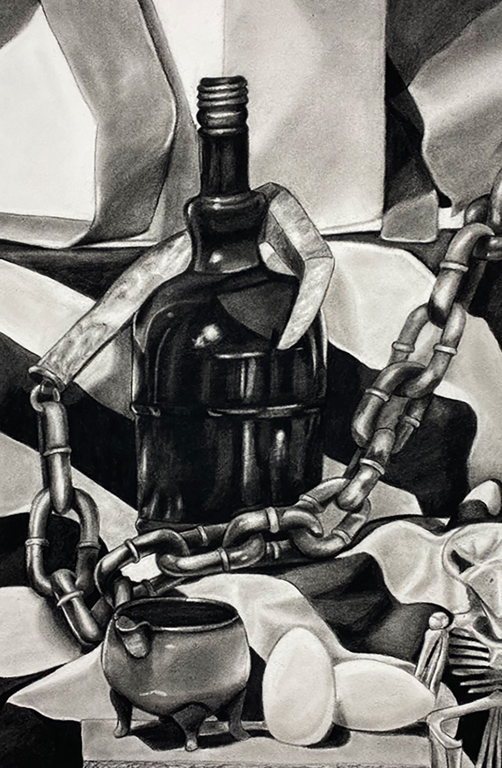 Charcoal drawing of still life includes: a bottle, chain, and two eggs.