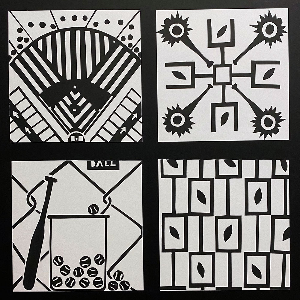 black and white pictures in four squares: top left - baseball field design, top right - baseball bats in pattern, bottom left - bucket of balls, bat; bottom right - leaves in rectangles pattern