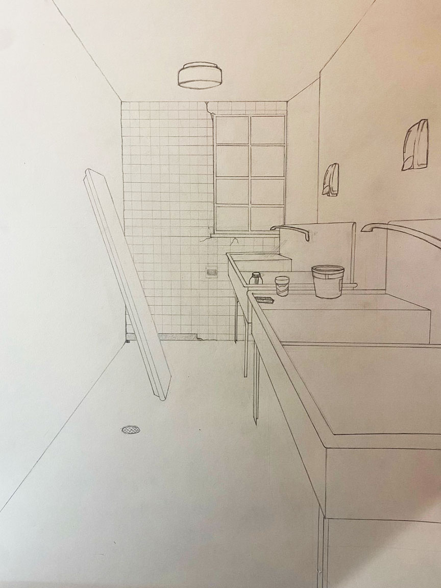 A linear perspective drawing of a cleaning station with two sinks.  