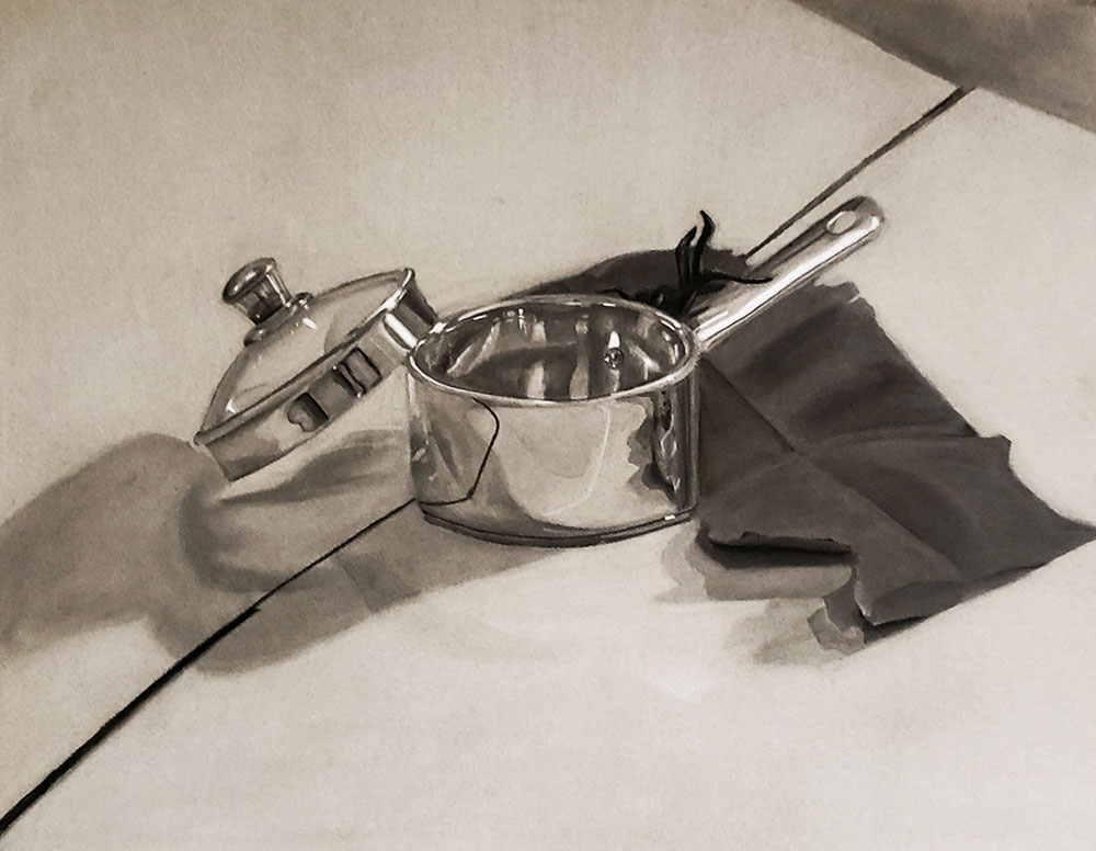 A singular toned cooking pot, accompanied by a tarantula drawn by various charcoal medias. 