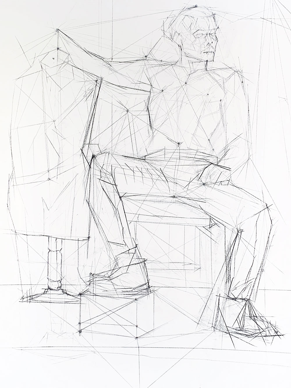 A self portrait composed of several lines, outlining the gesture figure of a human- including angles, proportions, and spatial relationships, drawn in vine charcoal.