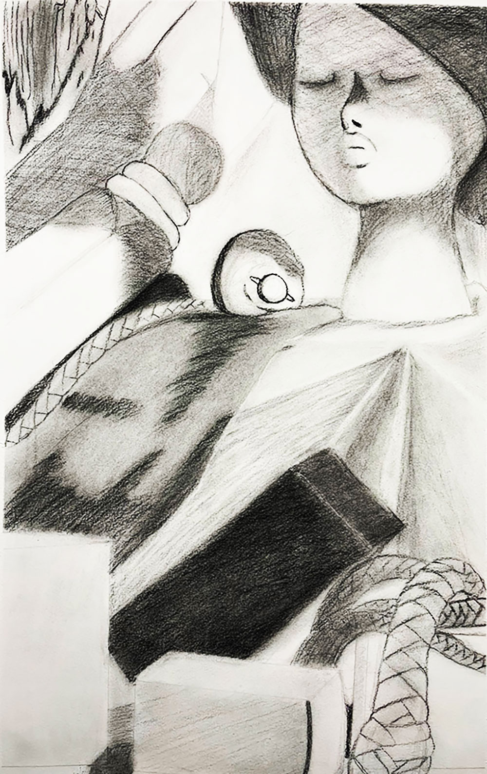 Charcoal drawing of still life includes: a dolls face, rope, and the foot of a stool