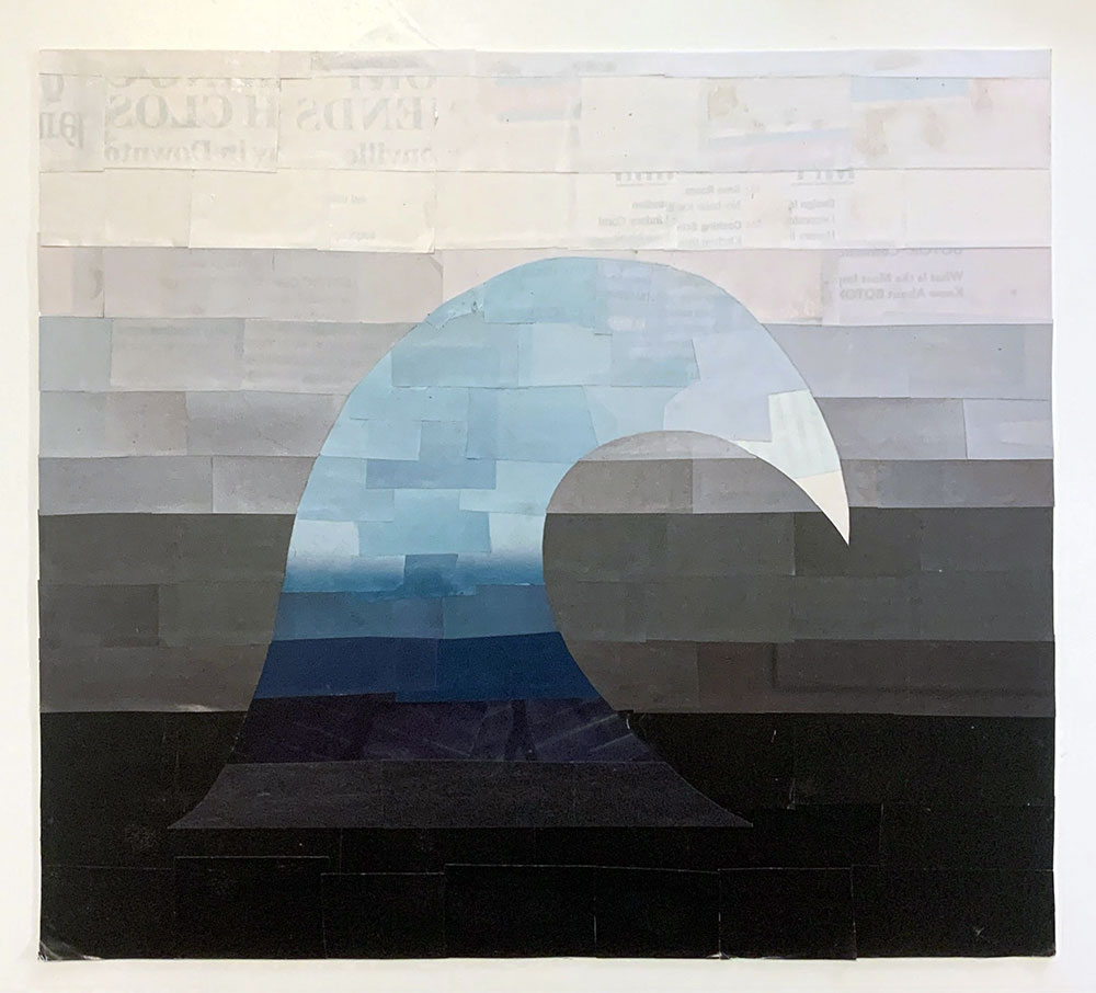 background of image is various shades of white and black in horizontal rows - with what looks like a curved shark fin in the waves - shark fin is in various shades of blue horizontally