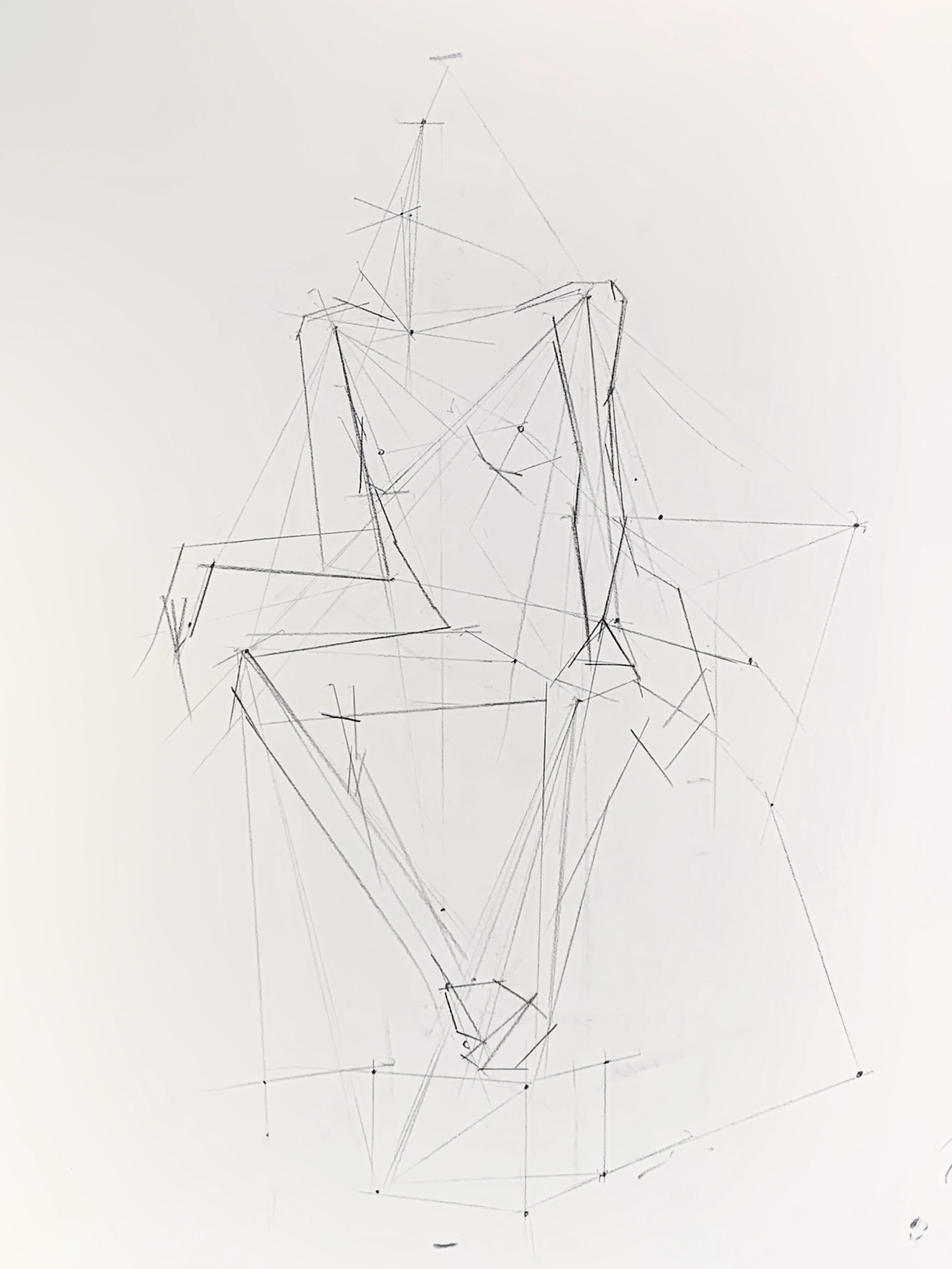 A drawing composed of several lines, outlining the gesture figure of a human- including angles, proportions, and spatial relationships, drawn in vine charcoal.