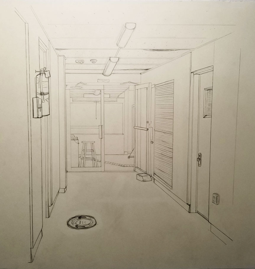 A linear perspective drawing of a classroom on campus.
