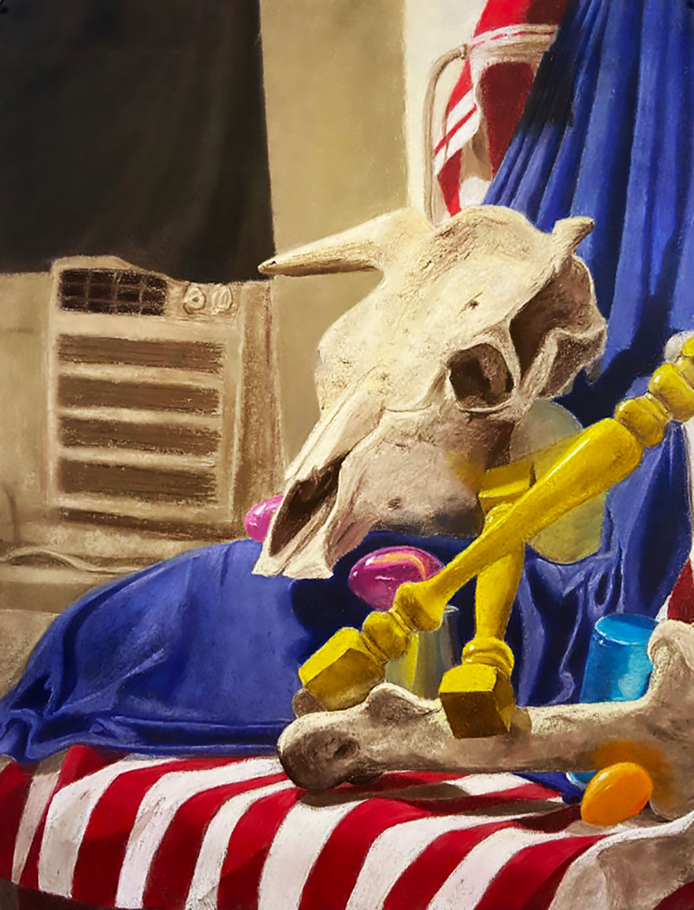 Colorful pastel still life drawing of: a skull, purple eggs, and yellow table foots.