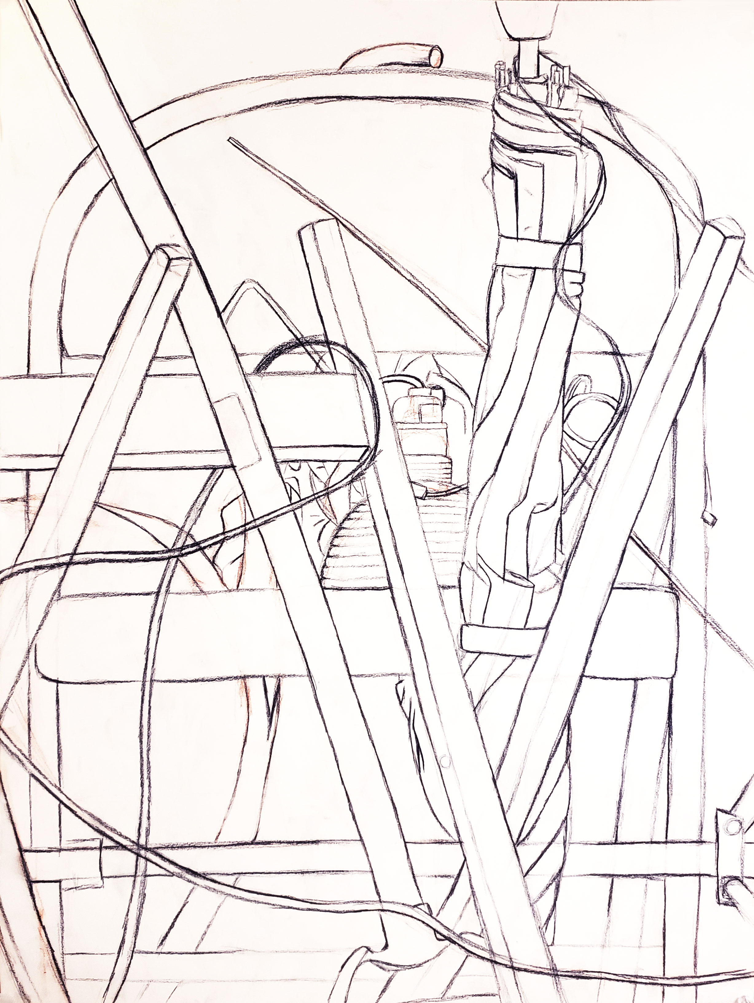 Figure drawing of a table, wires, an umbrella, and a lamp drawn in black conte. 
