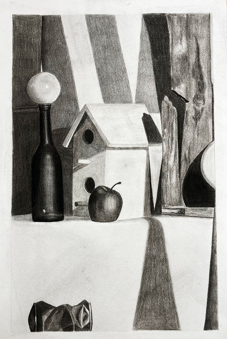 Heightened value drawing of a bird house, an apple, and a bottle, drawn in white and black charcoal pencils.