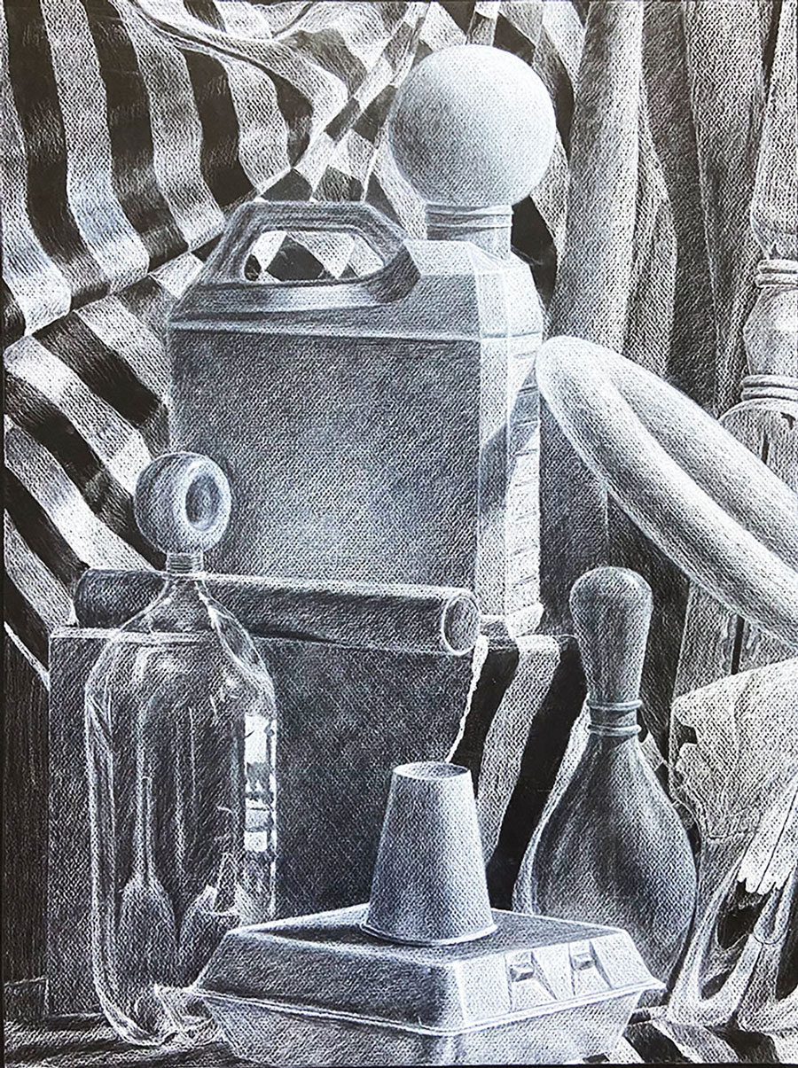 White charcoal drawing of a still life includes: a blowing pin, a bottle, and a ball balancing on top of a can. 
