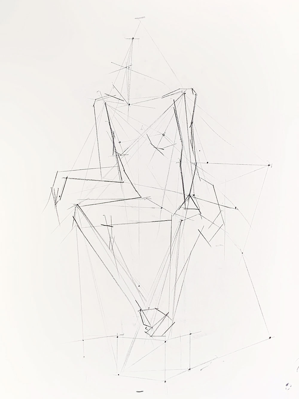 A figurative drawing composed of several lines, outlining the gesture figure of a human, drawn in vine charcoal.