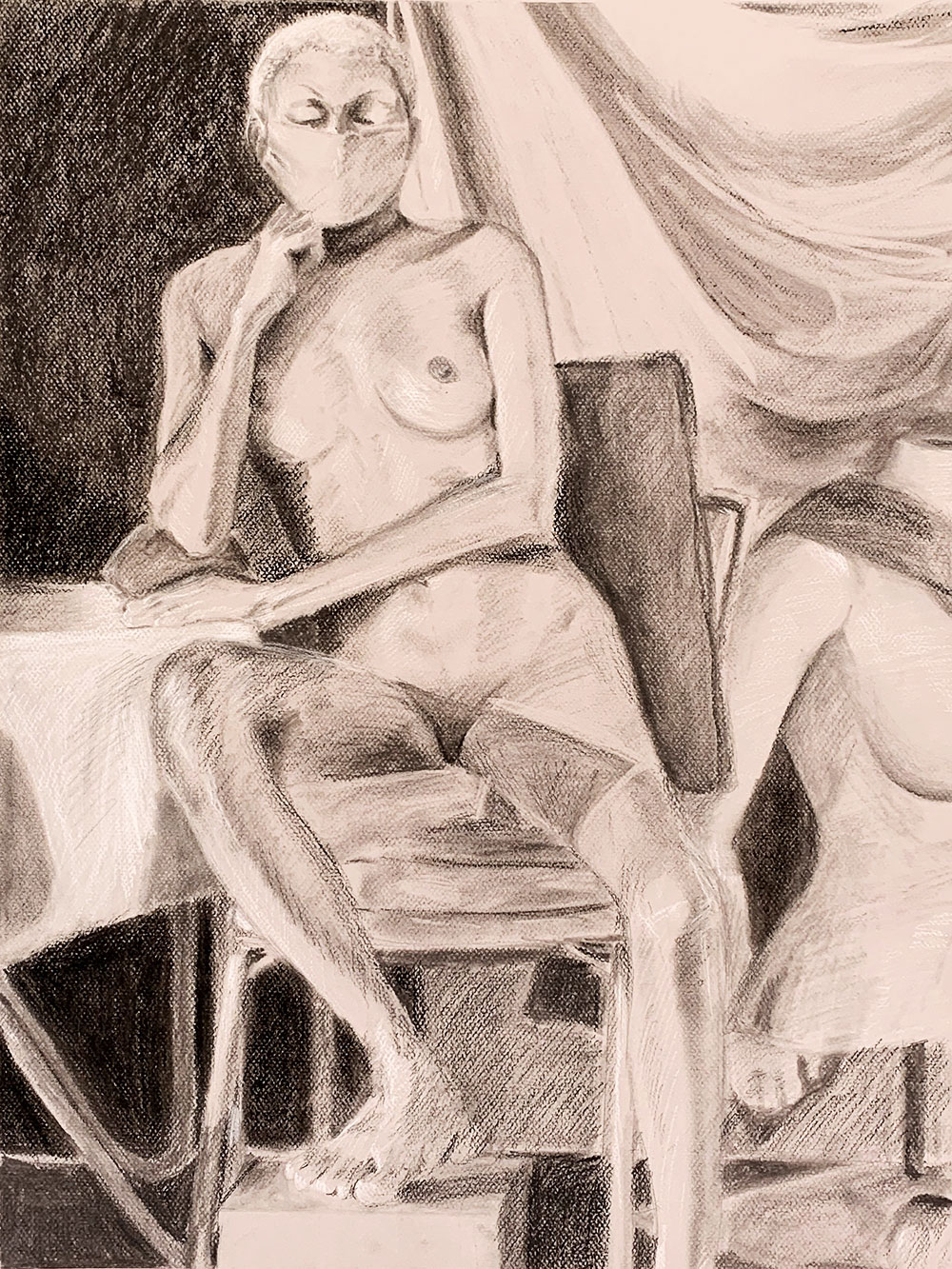 A naked woman model is drawn using the heightened value technique- applying light and dark material to a gray toned surface. 