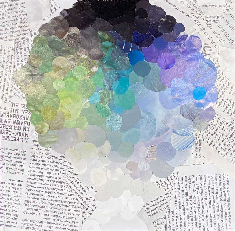 circles cutout made into a circle in various colors of black, purple, blue, green laid out on newspaper cutout background