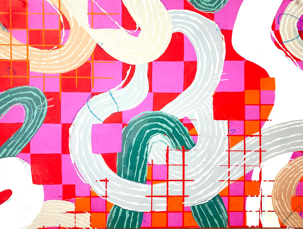 various curves with lighter lines on pink/red checked background