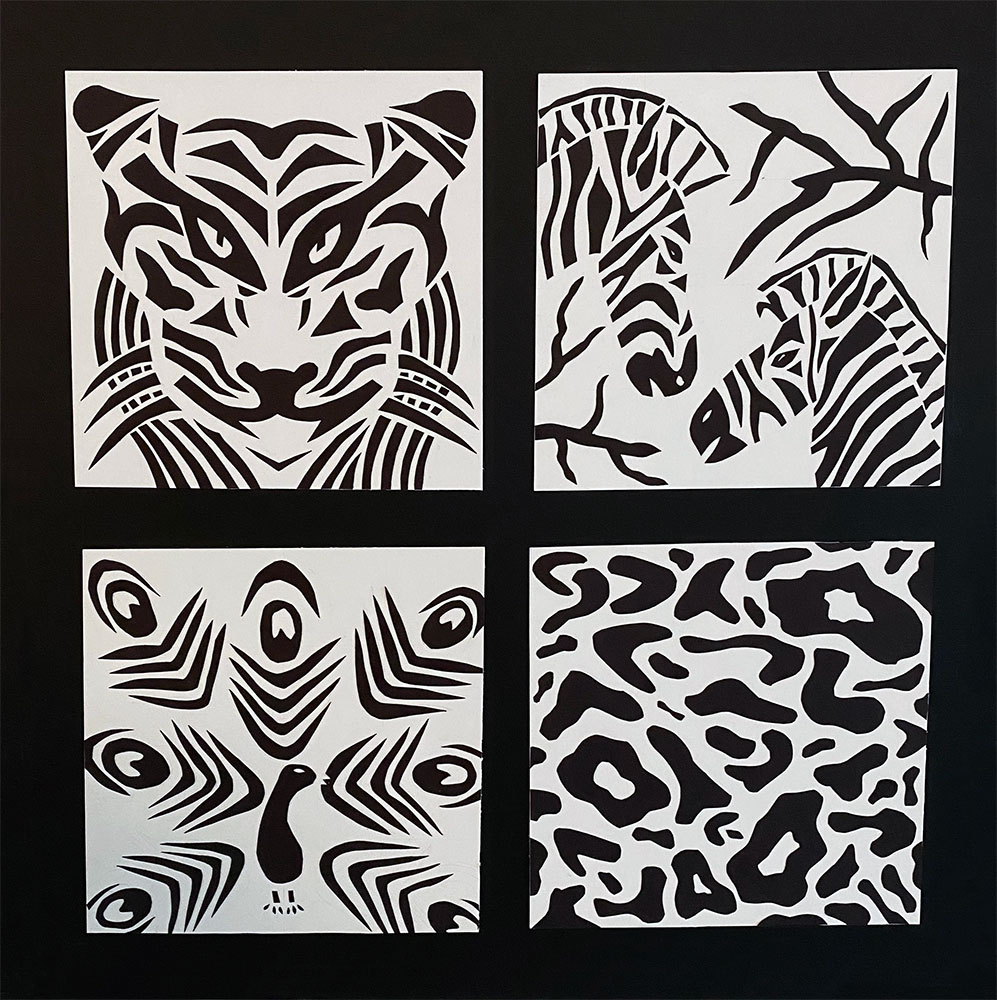 black and white pictures in four squares: top left - tiger, top right - zebra, bottom left - peacock, bottom right - cheetah print