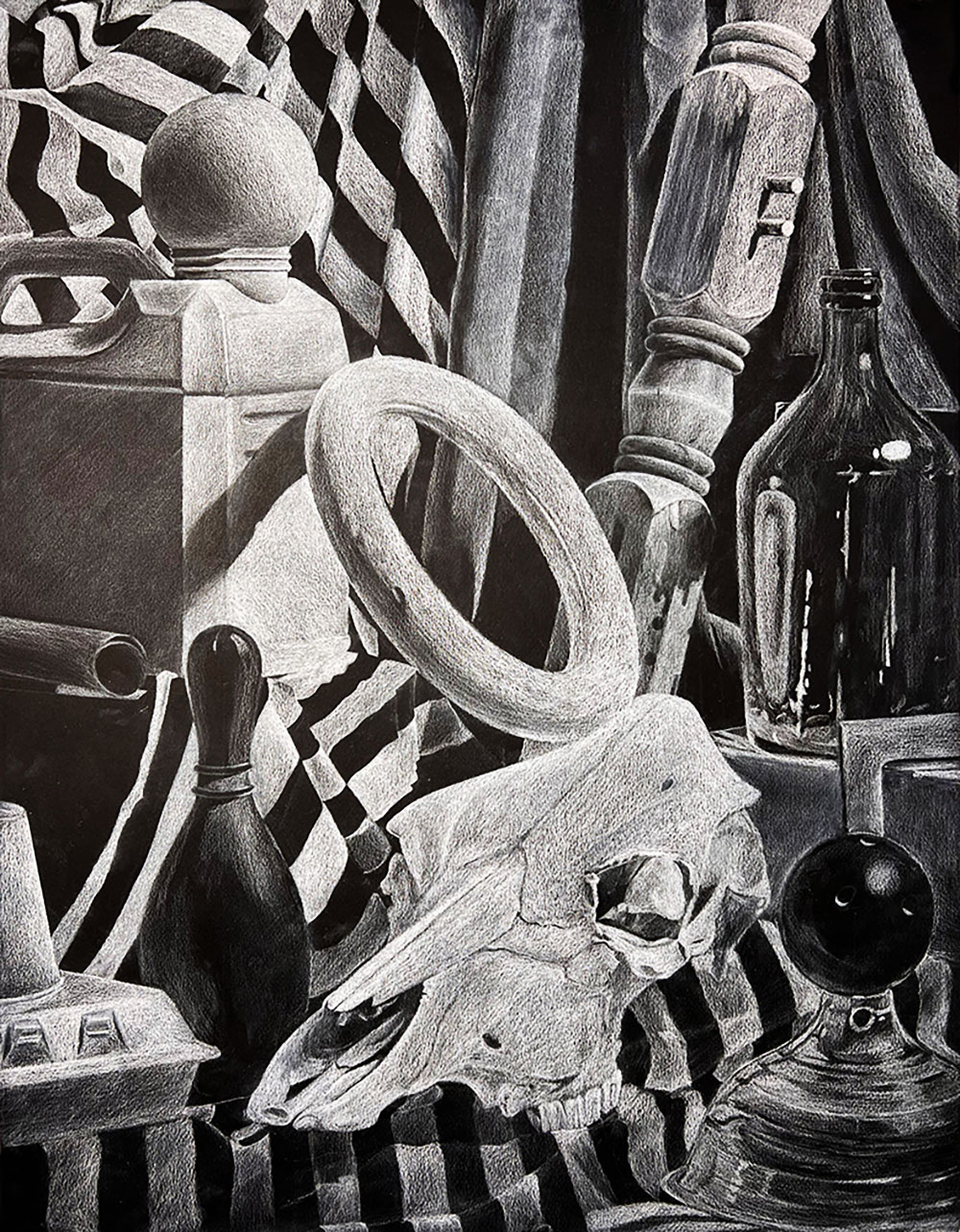 White charcoal drawing of a still life includes: a ball balancing on top of a can, a bowling ball and pin, and a skull.