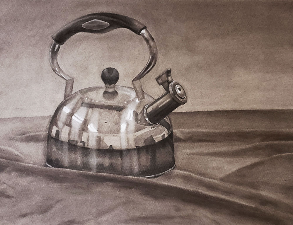 A singular toned tea kettle drawn by various charcoal medias. 