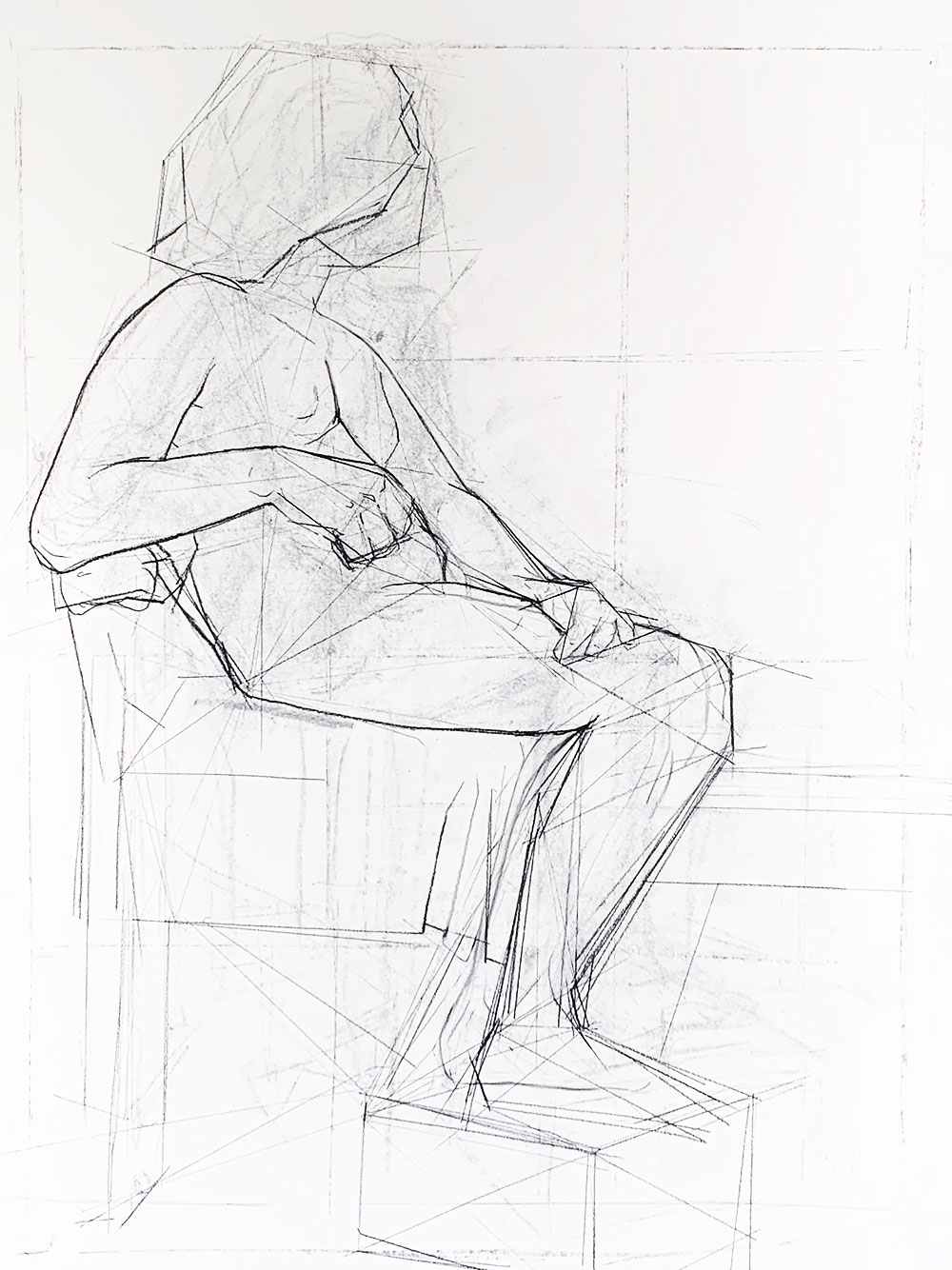 A self portrait composed of several lines, outlining the gesture figure of a human- including angles, proportions, and spatial relationships, drawn in vine charcoal.