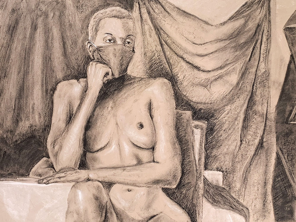 A naked woman model is drawn using the heightened value technique- applying light and dark material to a gray toned surface. 
