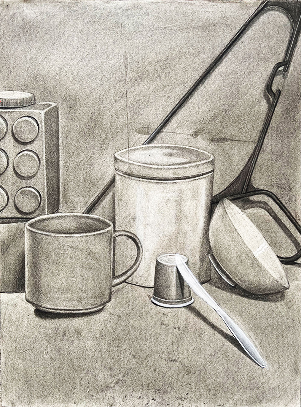 Charcoal drawing of still life includes: cups, a plastic knife, and an upside down hanger.