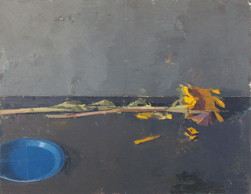 "Sunflower", a 14x18 painting of a sunflower on a table with a cup by Mississippi State University Department of Art Professor Joe Morzuch. 