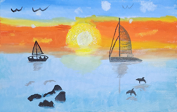 Painting of sunset on the water with sailboats.