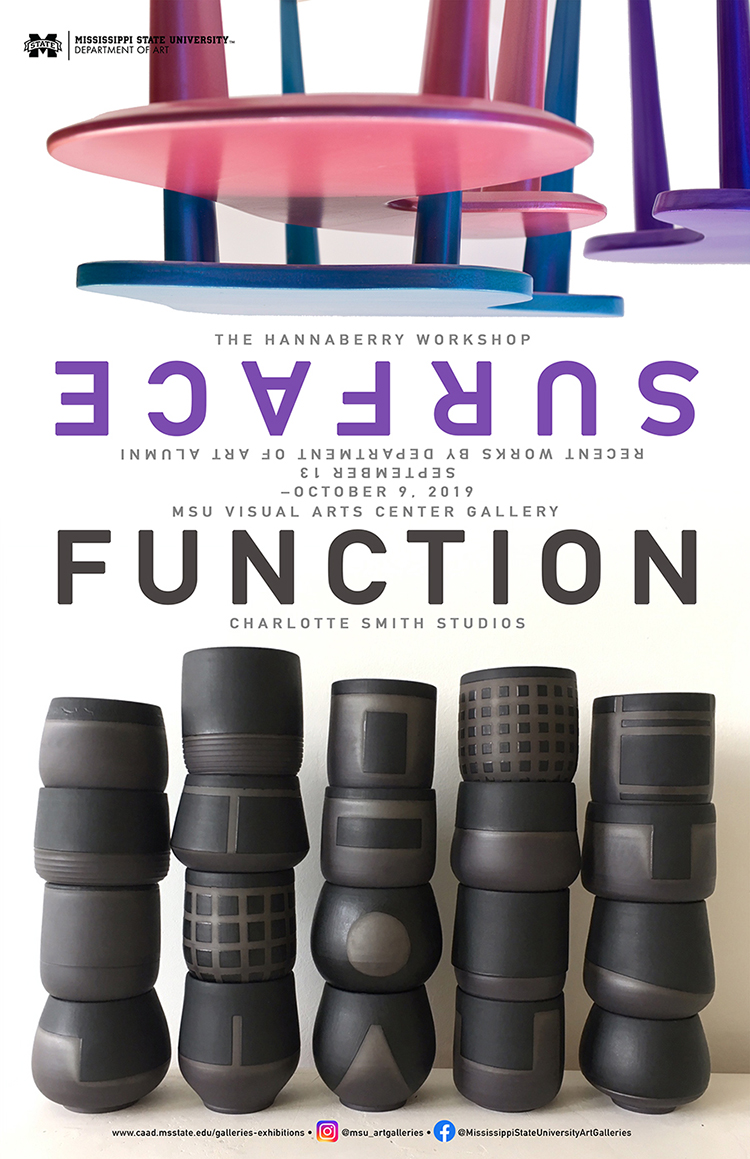 Poster with exhibit titler SURFACE • FUNCTION and images of three tables, blue, pink, and purple, upside down over an image of black ceramic cups stacked in vertical columns.